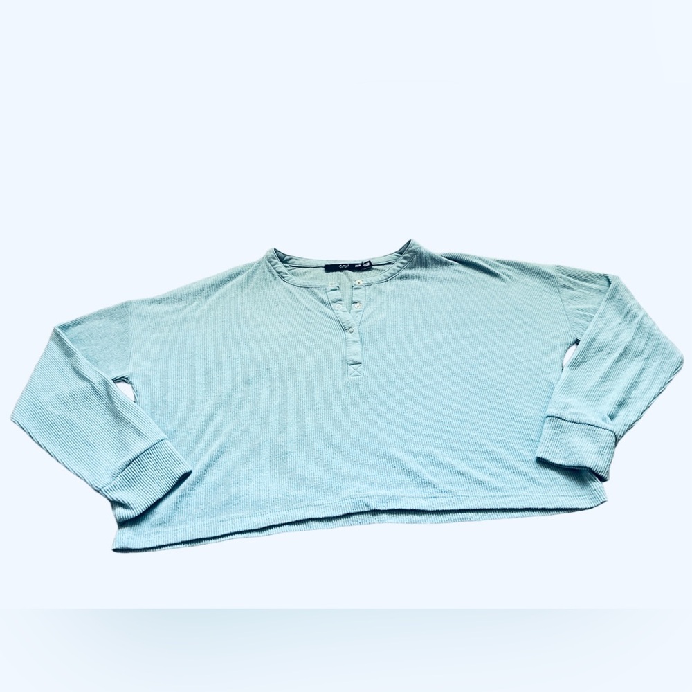 Blue Sportsgirl Ribbed Cropped Long Sleeve Shirt with Snaps